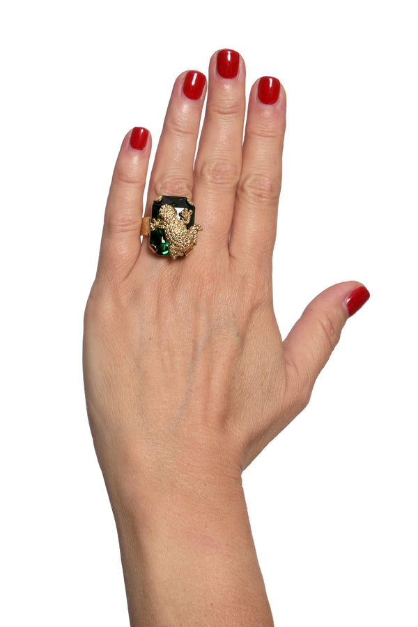 ADDICTED2 - Anello CELESTE con cristallo e rana verde smeraldo